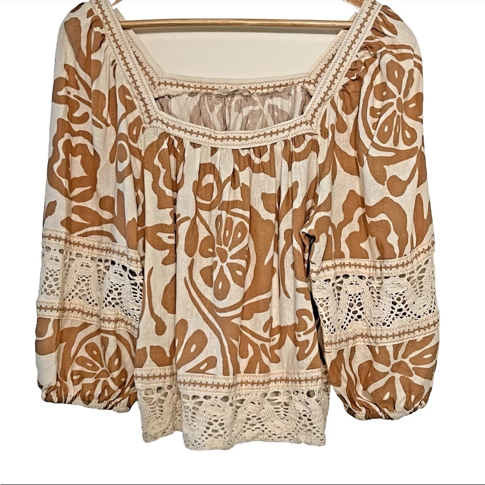Christian Siriano Peasant Blouse Women Lg Floral Boho Square Neck Linen Crochet